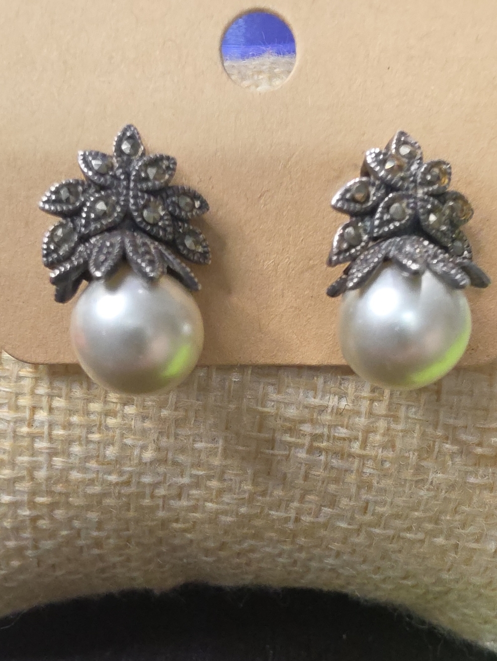 Pearl Drop Floral Marcasite Stud Earrings - White Pearls